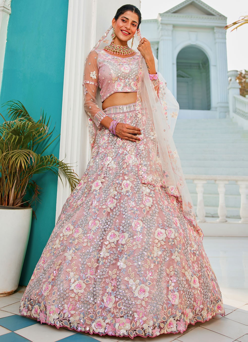 Embroidered Tissue Grey Lehenga - L3357