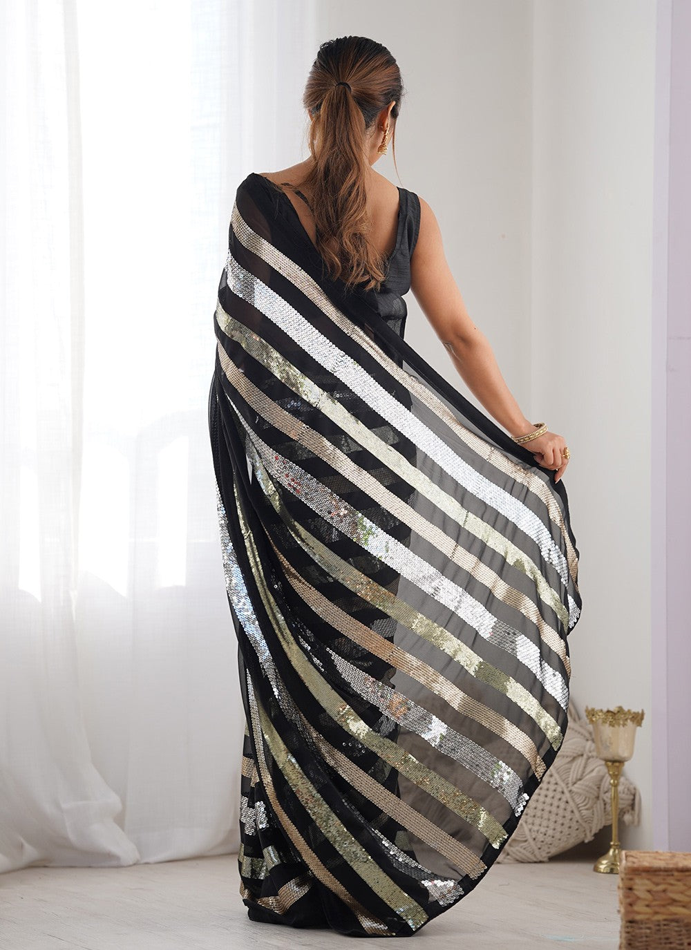 Trendy Saree Border Work Black Georgette S12413