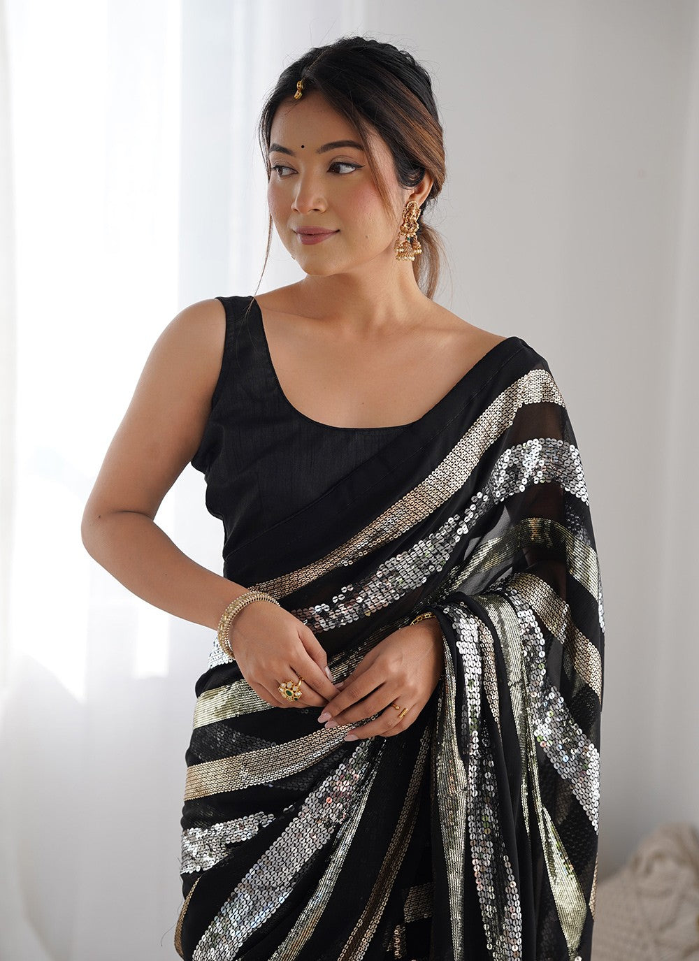 Trendy Saree Border Work Black Georgette S12413