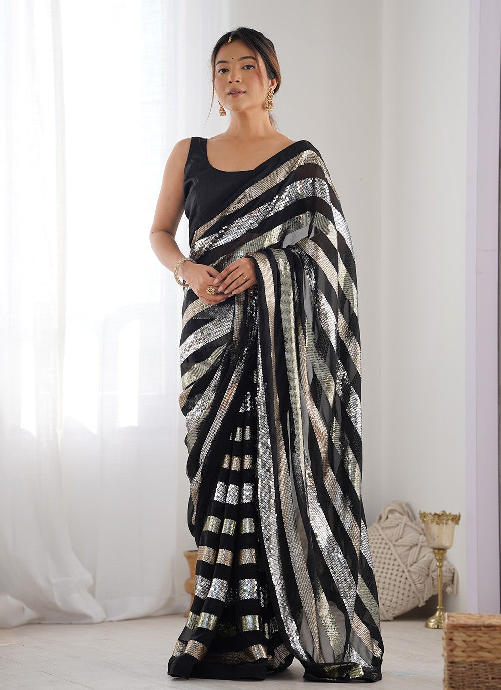 Trendy Saree Border Work Black Georgette S12413