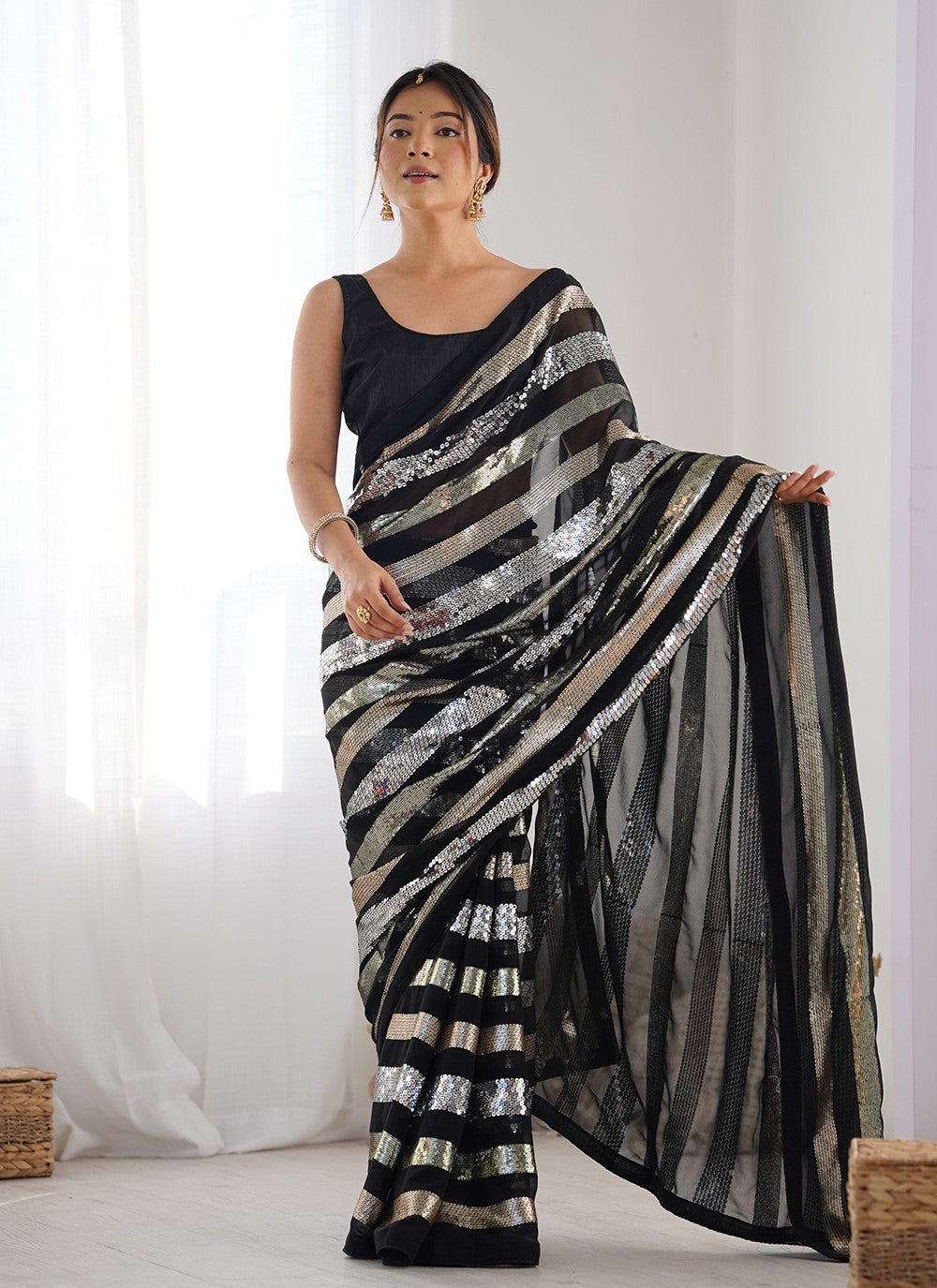 Trendy Saree Border Work Black Georgette S12413