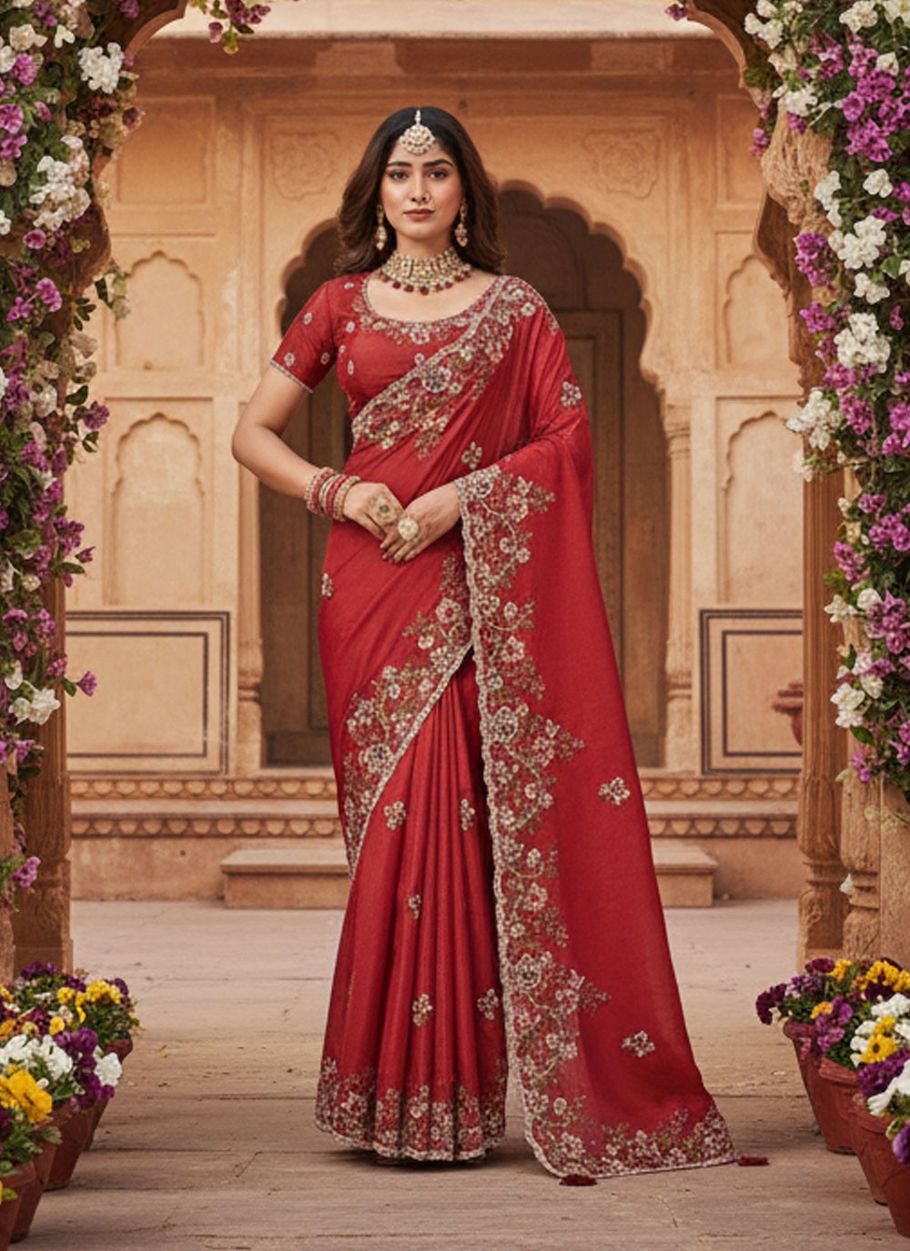 Red Silk Contemporary Saree Cord, Embroidered, Sequins S20035