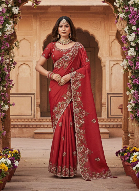 Red Silk Contemporary Saree Cord, Embroidered, Sequins S20035