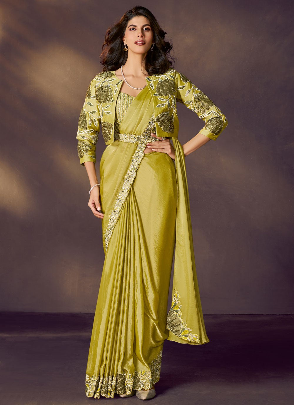Green Satin Silk Trendy Saree Embroidered, Sequins S20480