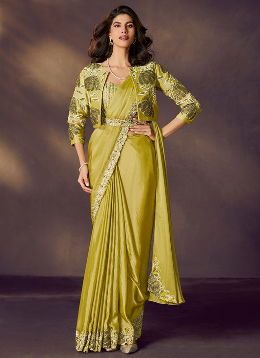 Green Satin Silk Trendy Saree Embroidered, Sequins S20480