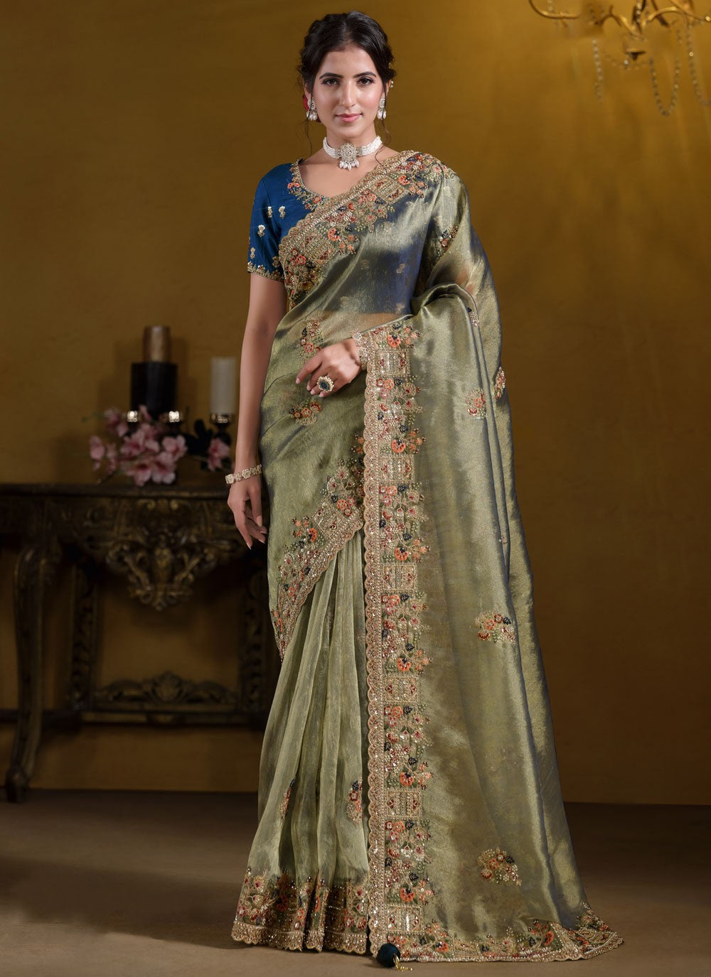 Trendy Saree Embroidered Sea Green Organza S12629