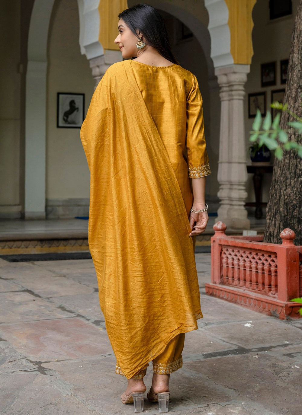 Pant Style Suit Embroidered, Sequins, Zari Gold T7136