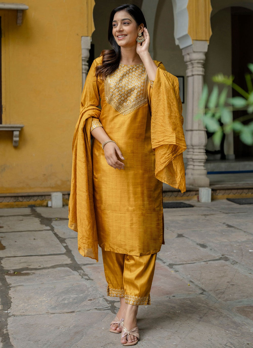 Pant Style Suit Embroidered, Sequins, Zari Gold T7136