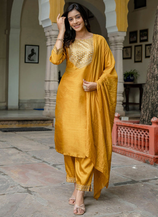 Pant Style Suit Embroidered, Sequins, Zari Gold T7136