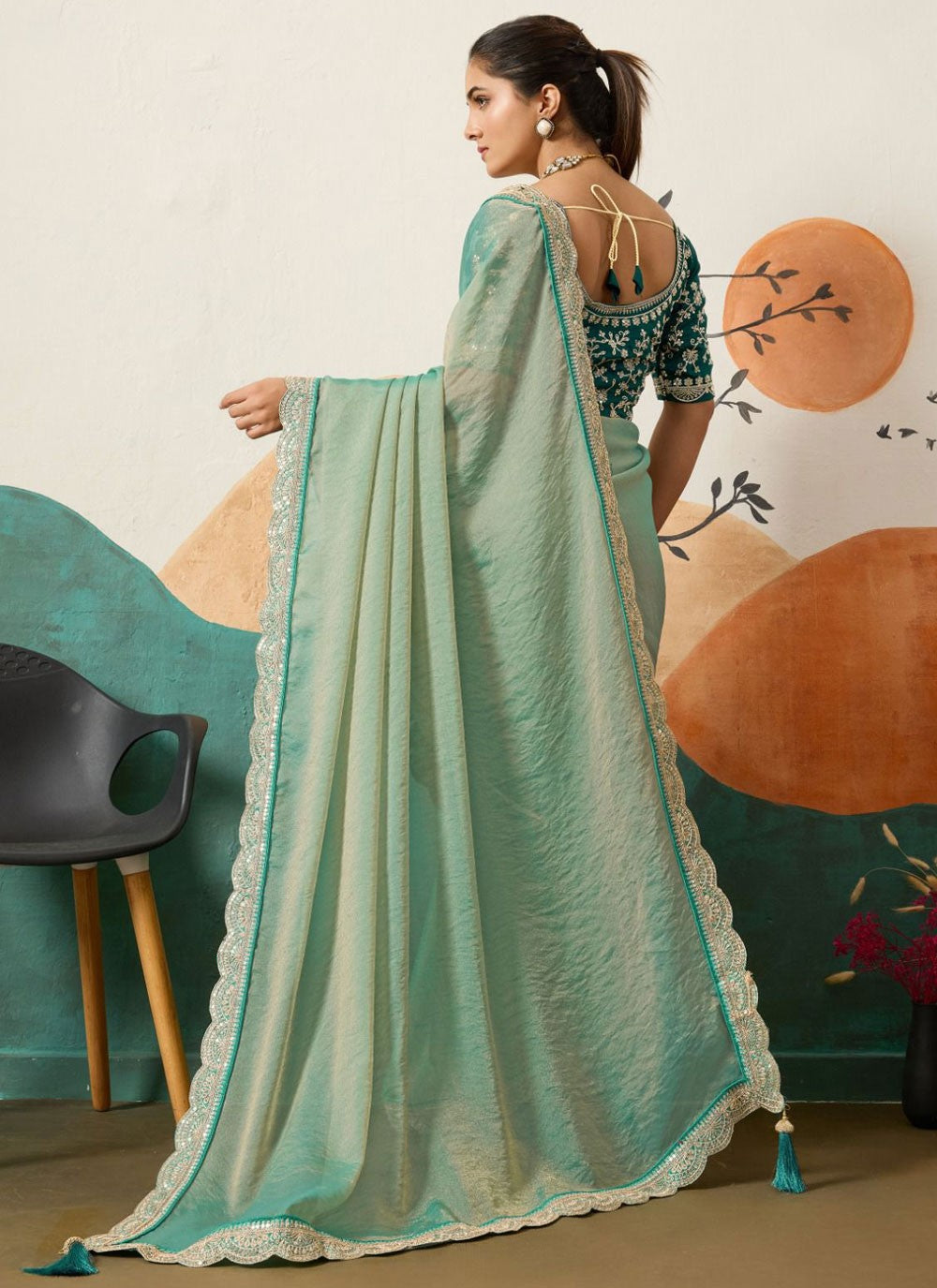 Sea Green Silk Classic Saree Border Work, Cord, Sequins S20440
