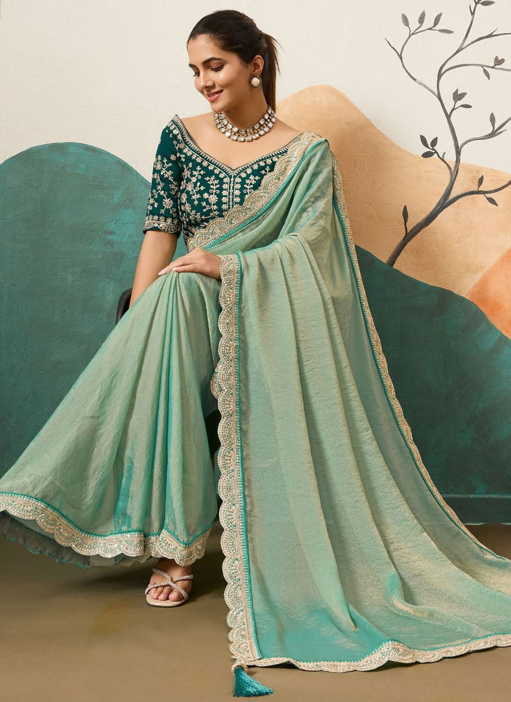 Sea Green Silk Classic Saree Border Work, Cord, Sequins S20440