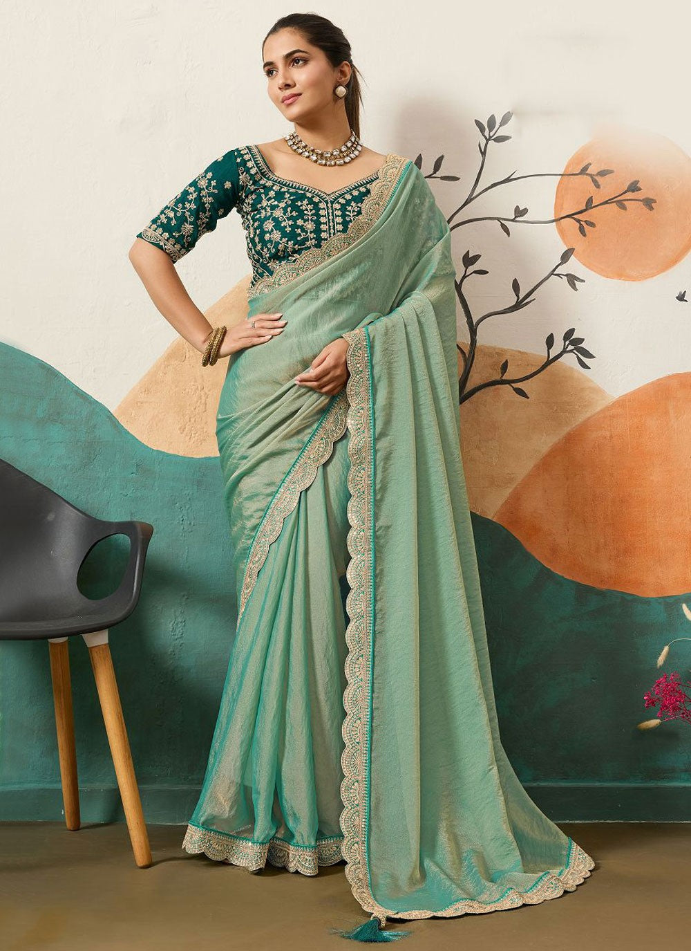 Sea Green Silk Classic Saree Border Work, Cord, Sequins S20440
