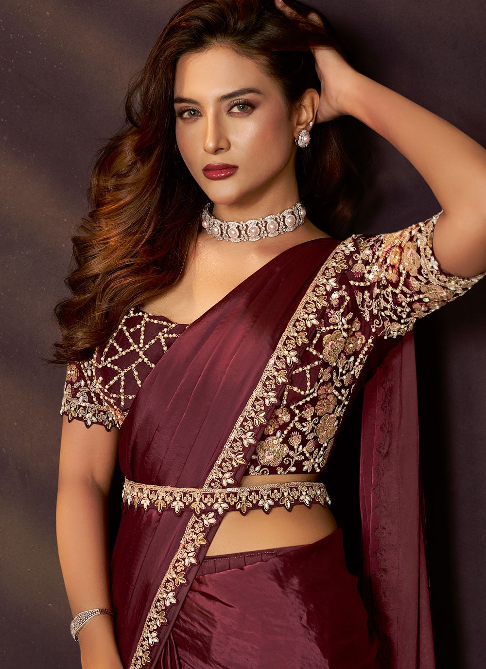 Maroon Silk Contemporary Saree Embroidered, Pearls, Sequins S20479