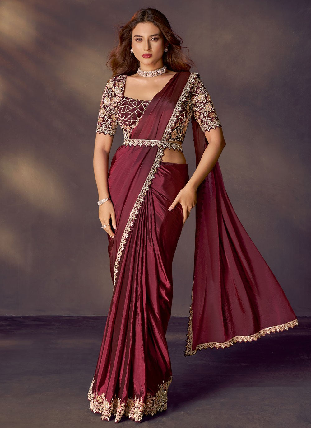 Maroon Silk Contemporary Saree Embroidered, Pearls, Sequins S20479