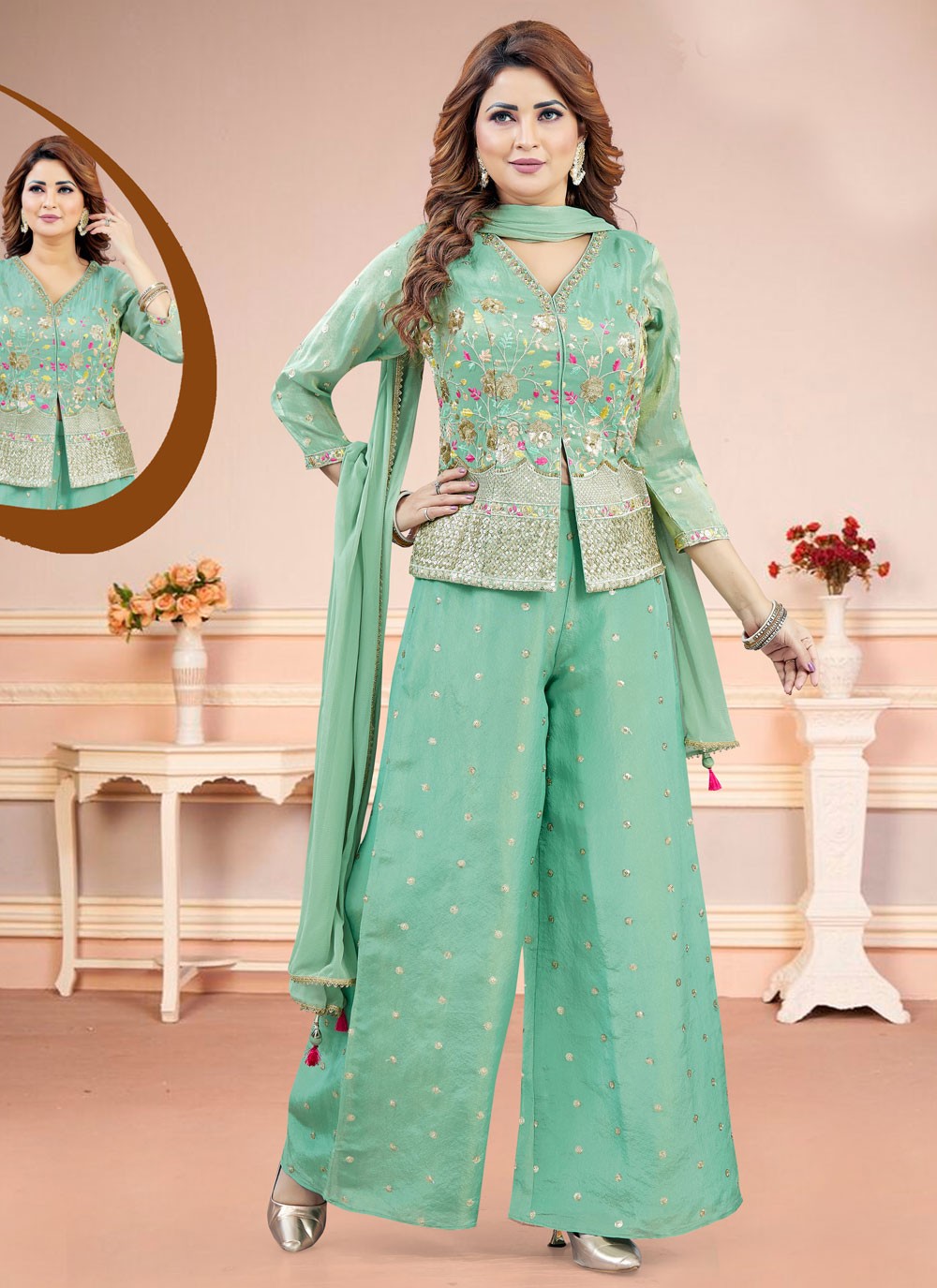 Salwar Suit Embroidered Green Silk T5838