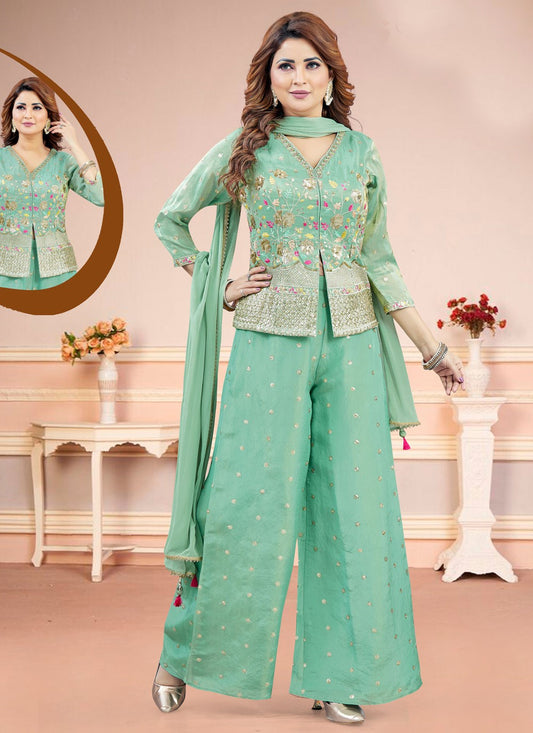 Salwar Suit Embroidered Green Silk T5838