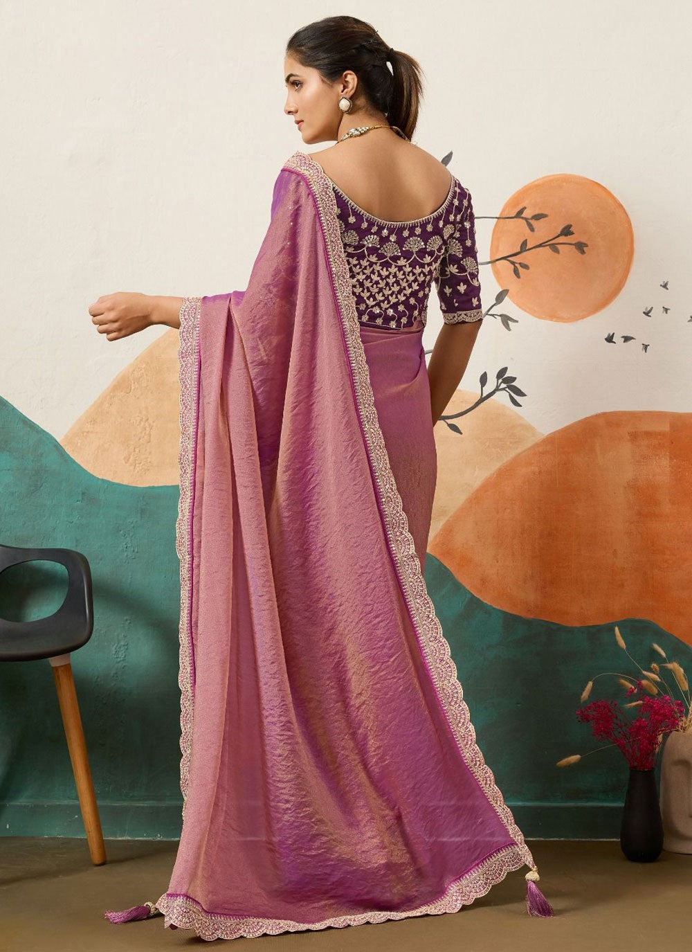 Purple Silk Classic Saree Border Work, Cord, Sequins S20436