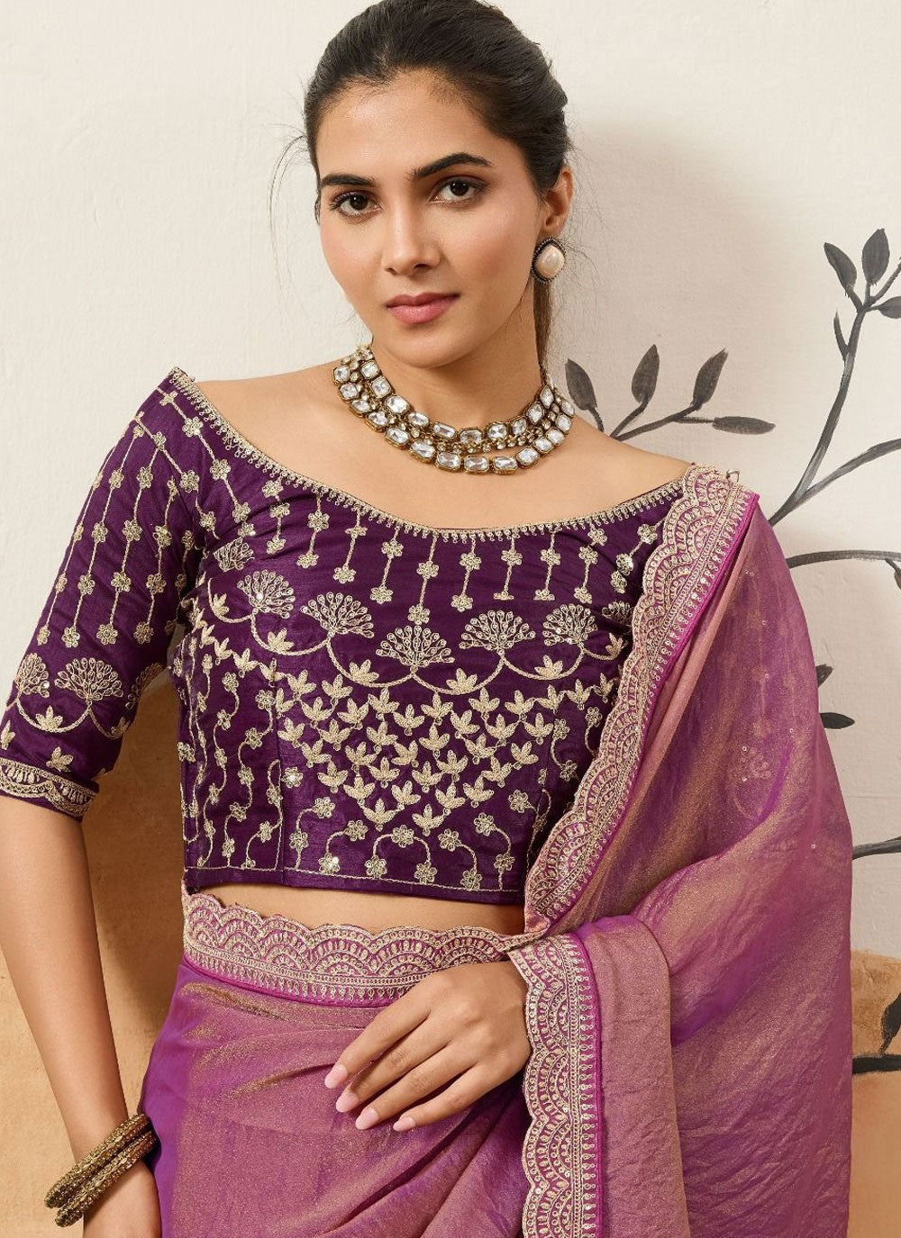 Purple Silk Classic Saree Border Work, Cord, Sequins S20436