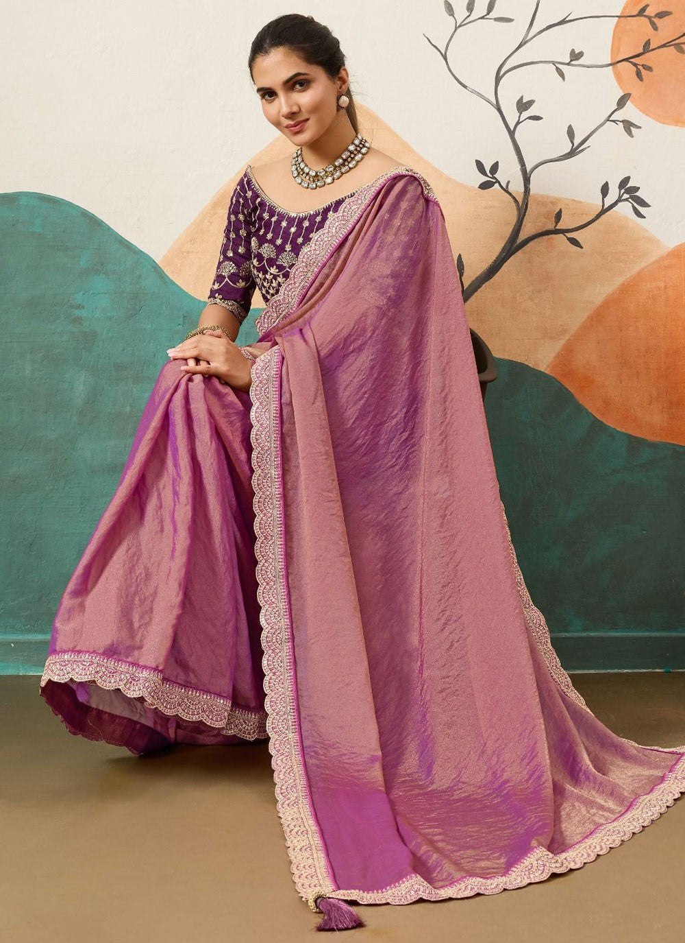 Purple Silk Classic Saree Border Work, Cord, Sequins S20436
