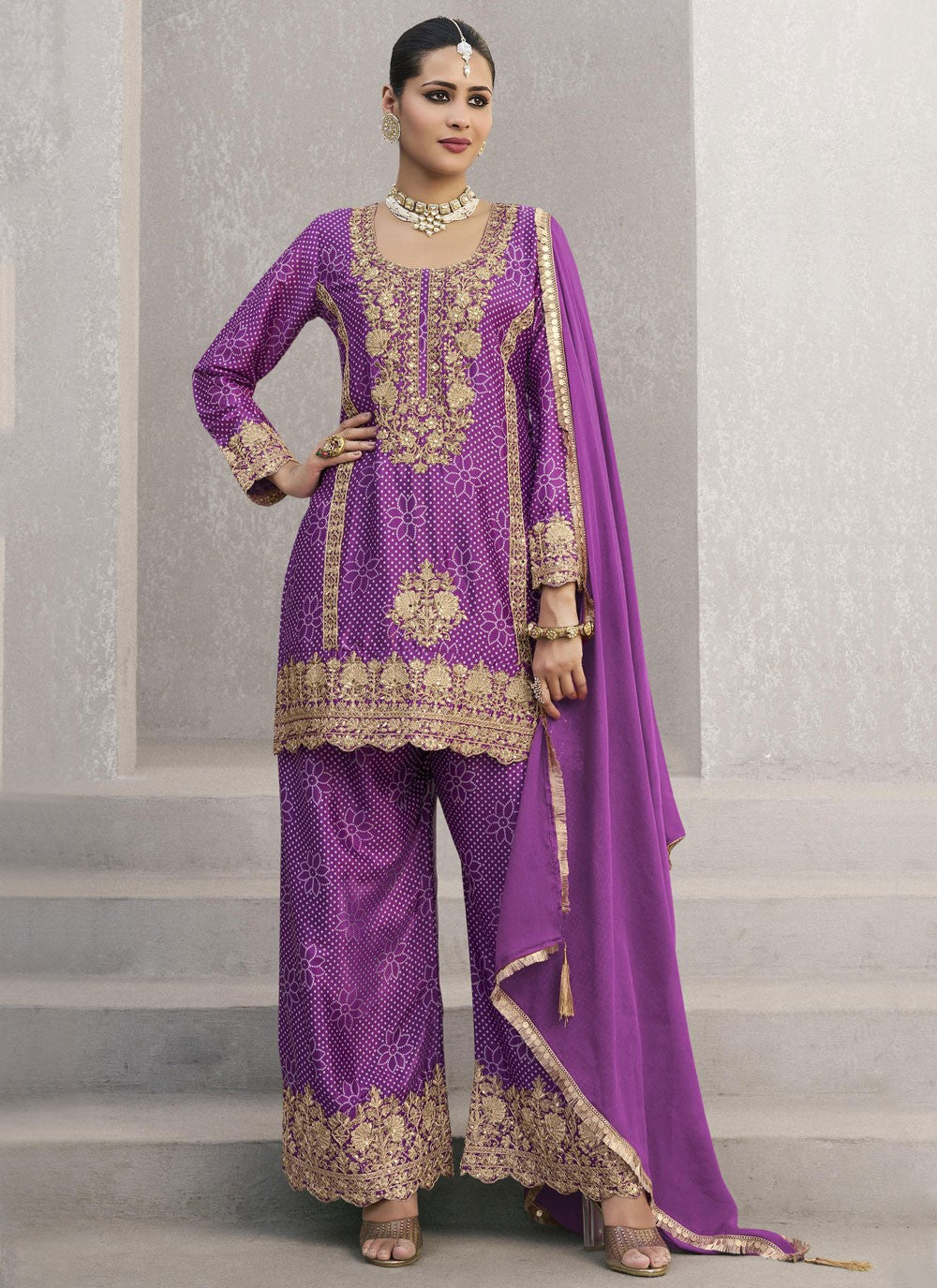Digital Print Chinon Purple Palazzo Suit T6274