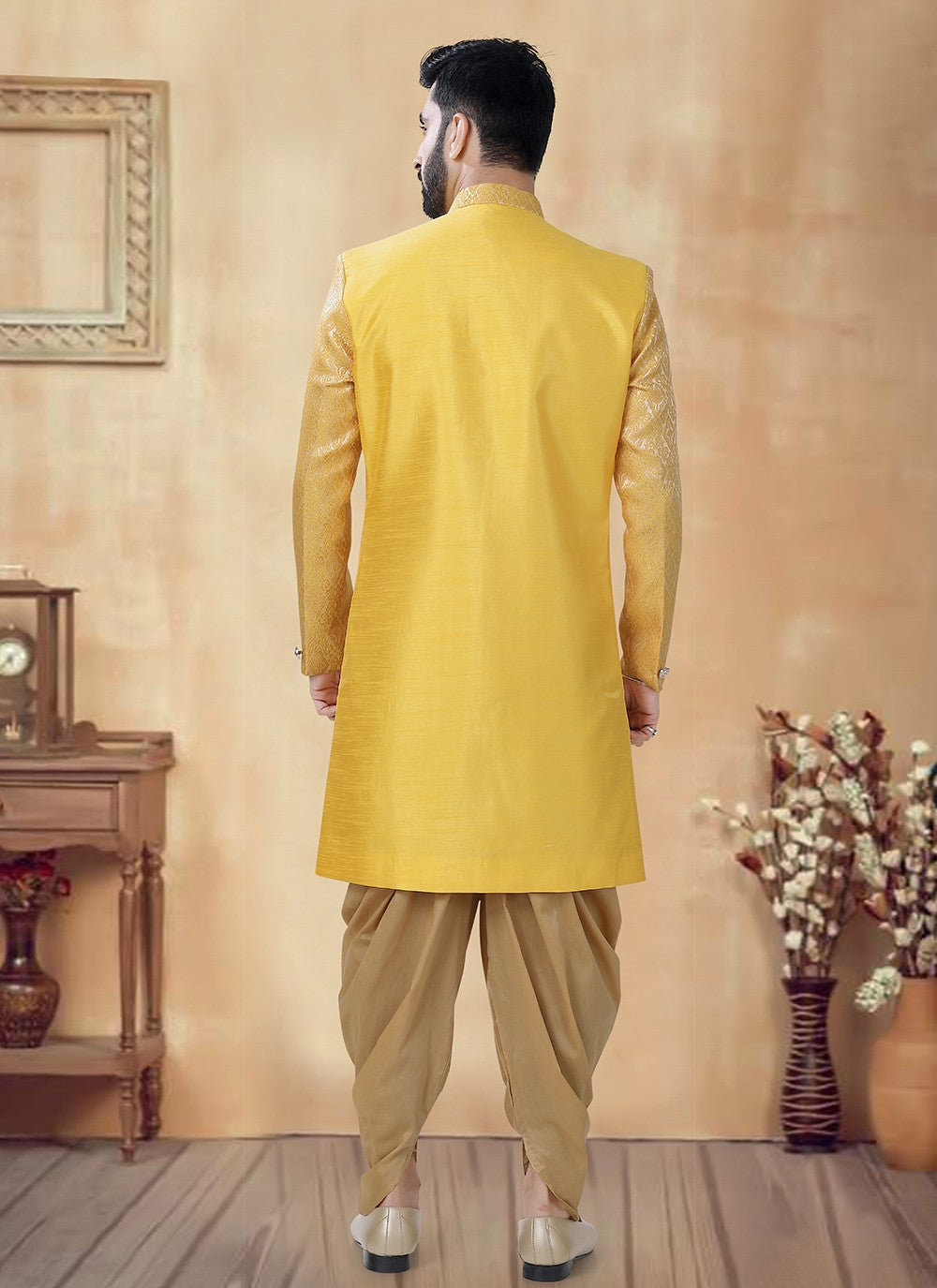 Embroidered Silk Yellow Sherwani - M8503