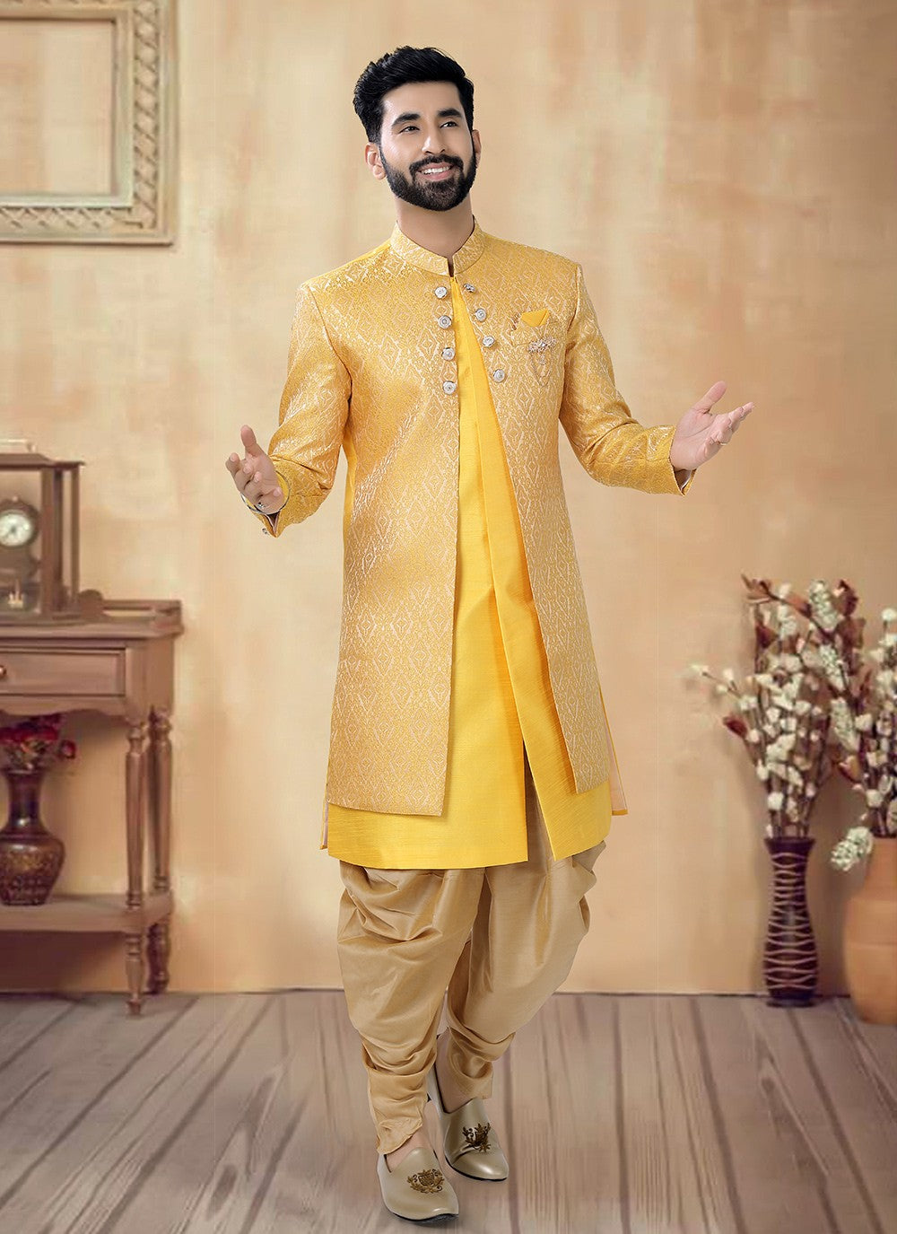 Embroidered Silk Yellow Sherwani - M8503