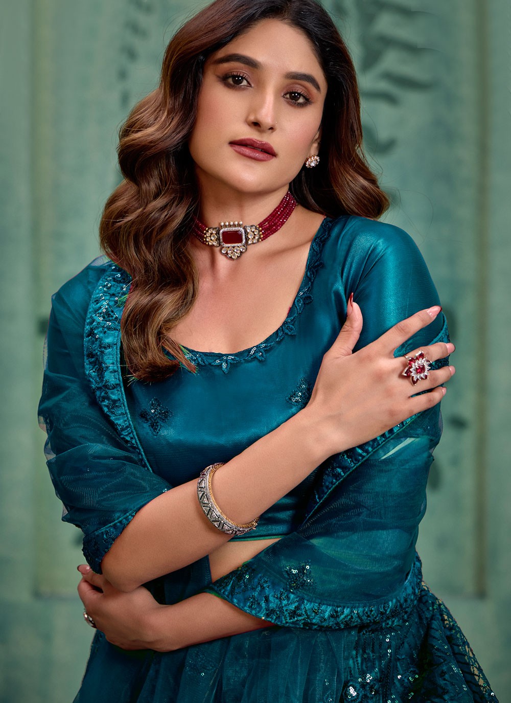 Embroidered Net Teal Lehenga - L3286