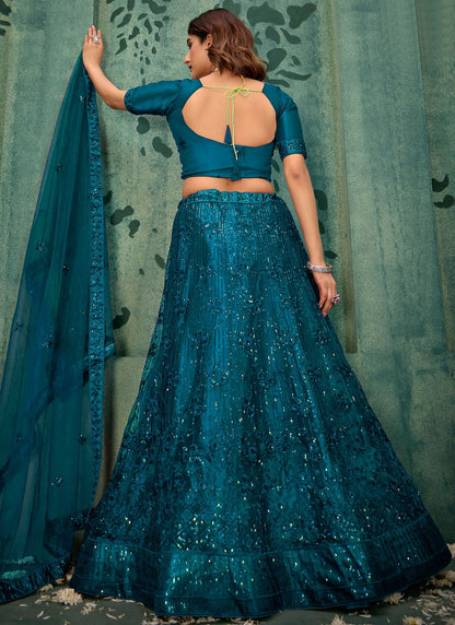 Embroidered Net Teal Lehenga - L3286