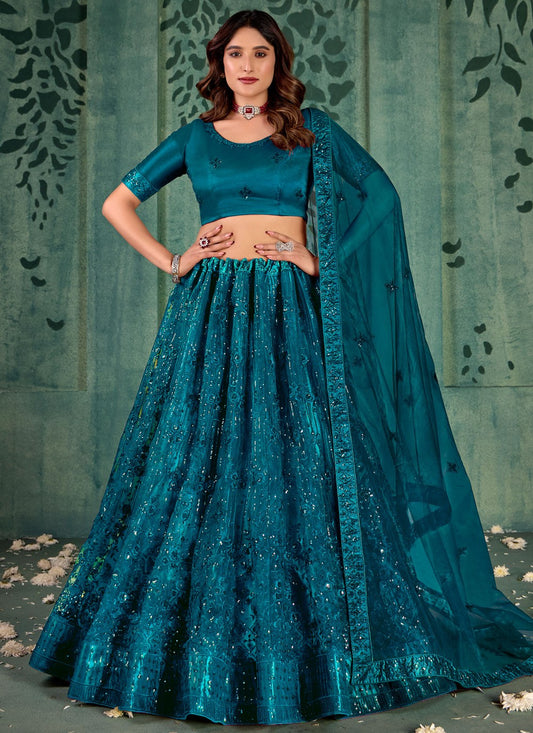 Embroidered Net Teal Lehenga - L3286