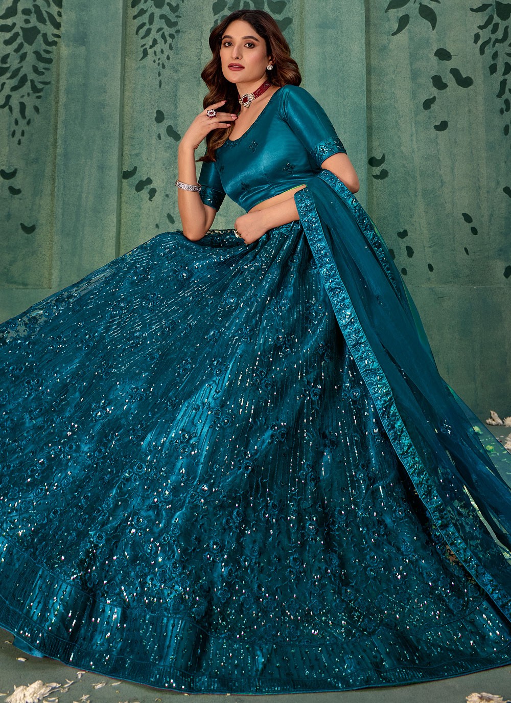 Embroidered Net Teal Lehenga - L3286