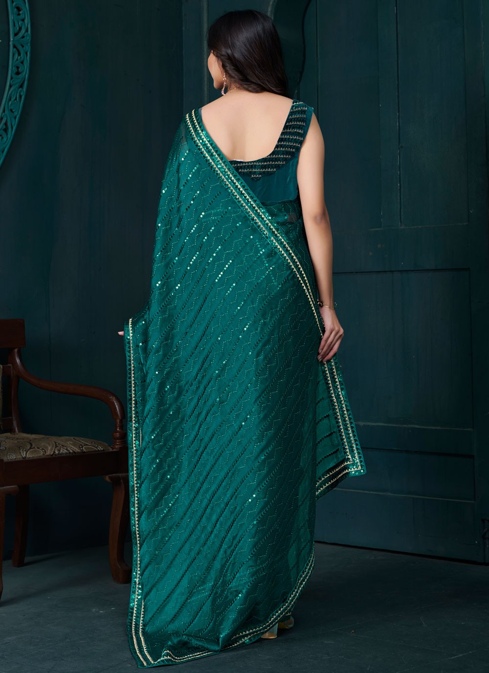 Sequins Organza Teal Designer Saree S15205