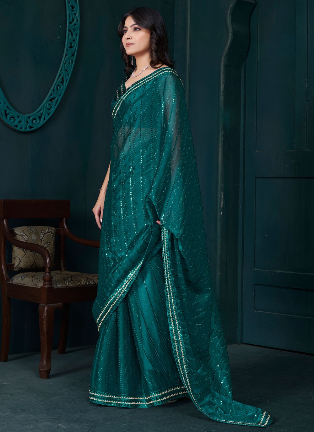 Sequins Organza Teal Designer Saree S15205