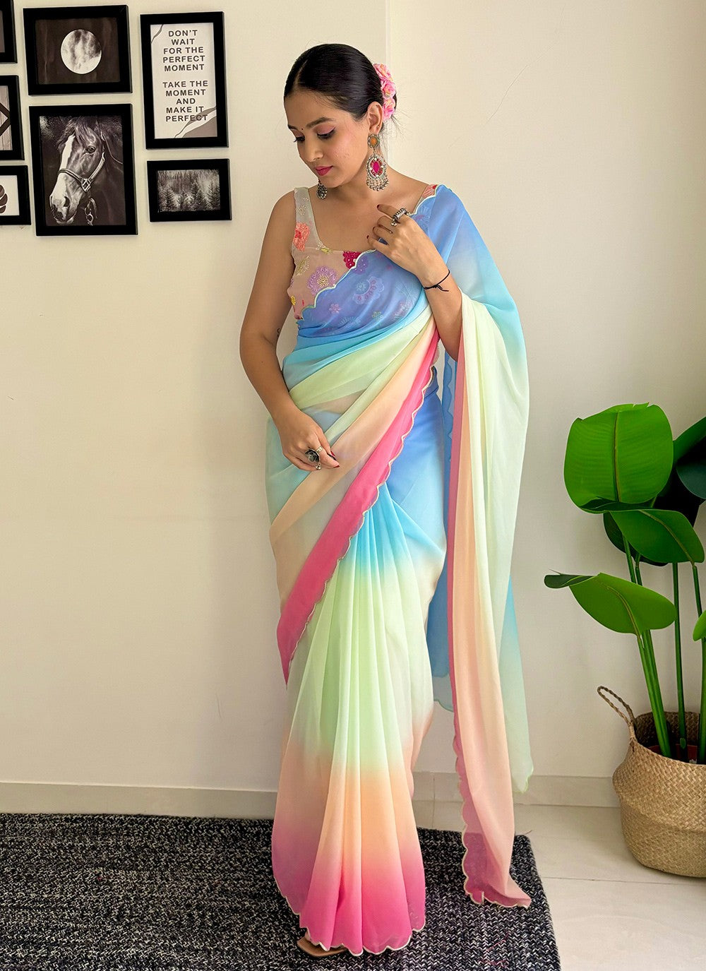 Contemporary Border Work Faux Georgette Saree - S7581