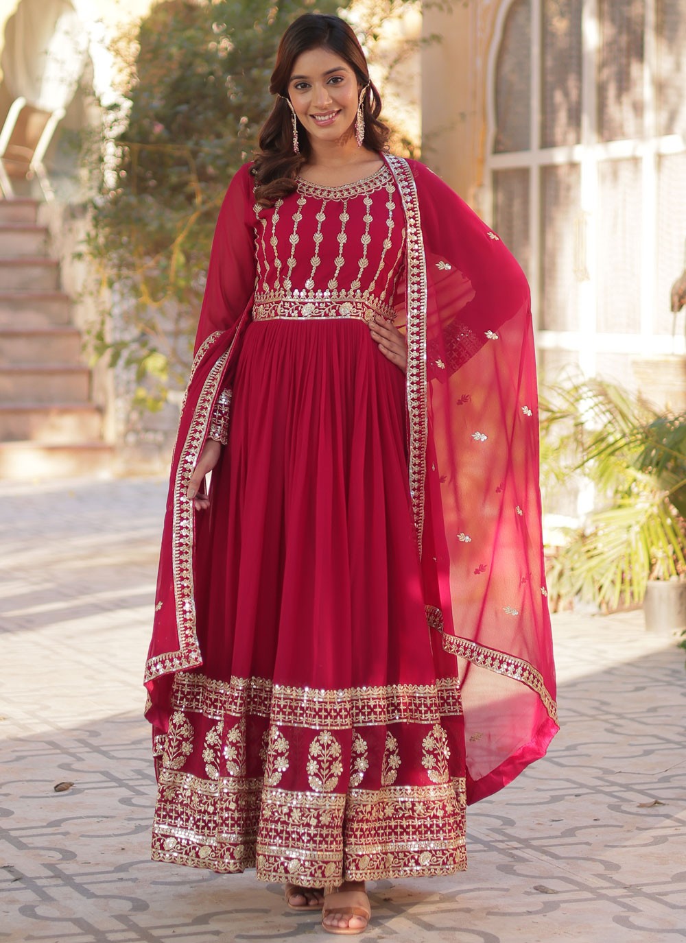 Embroidered Faux Georgette Hot Pink Gown G19788