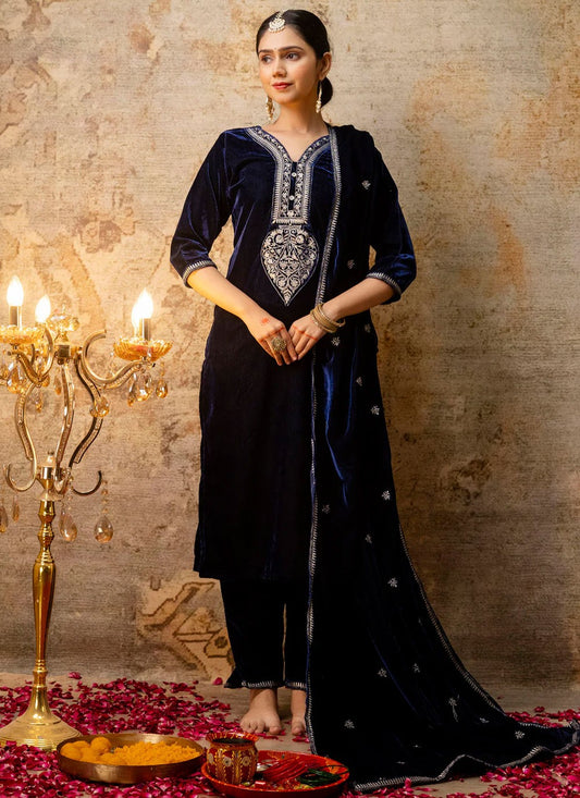 Embroidered Velvet Navy Blue Salwar Suit T6128