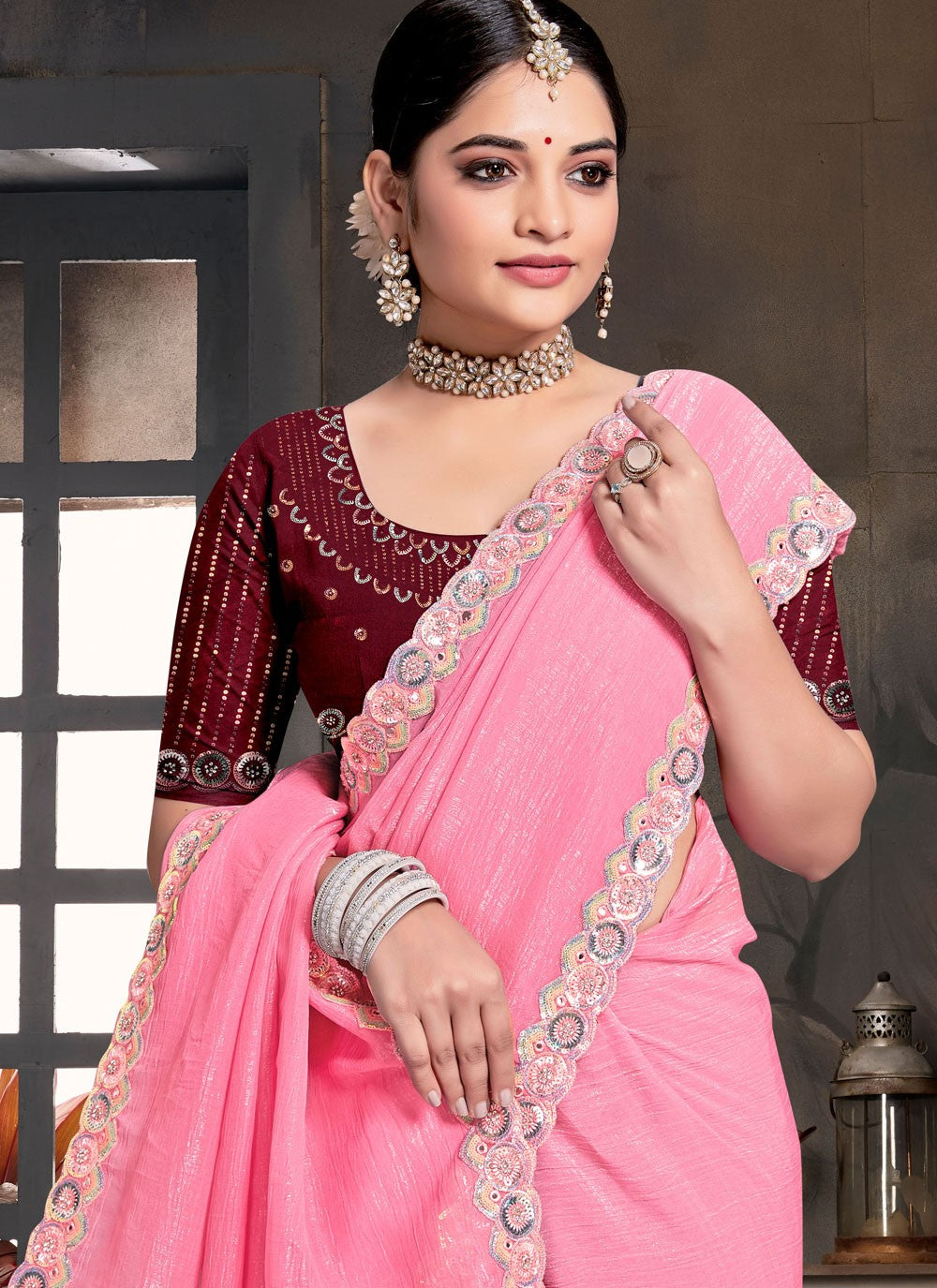 Trendy Saree Embroidered Hot Pink Silk Saree S13119