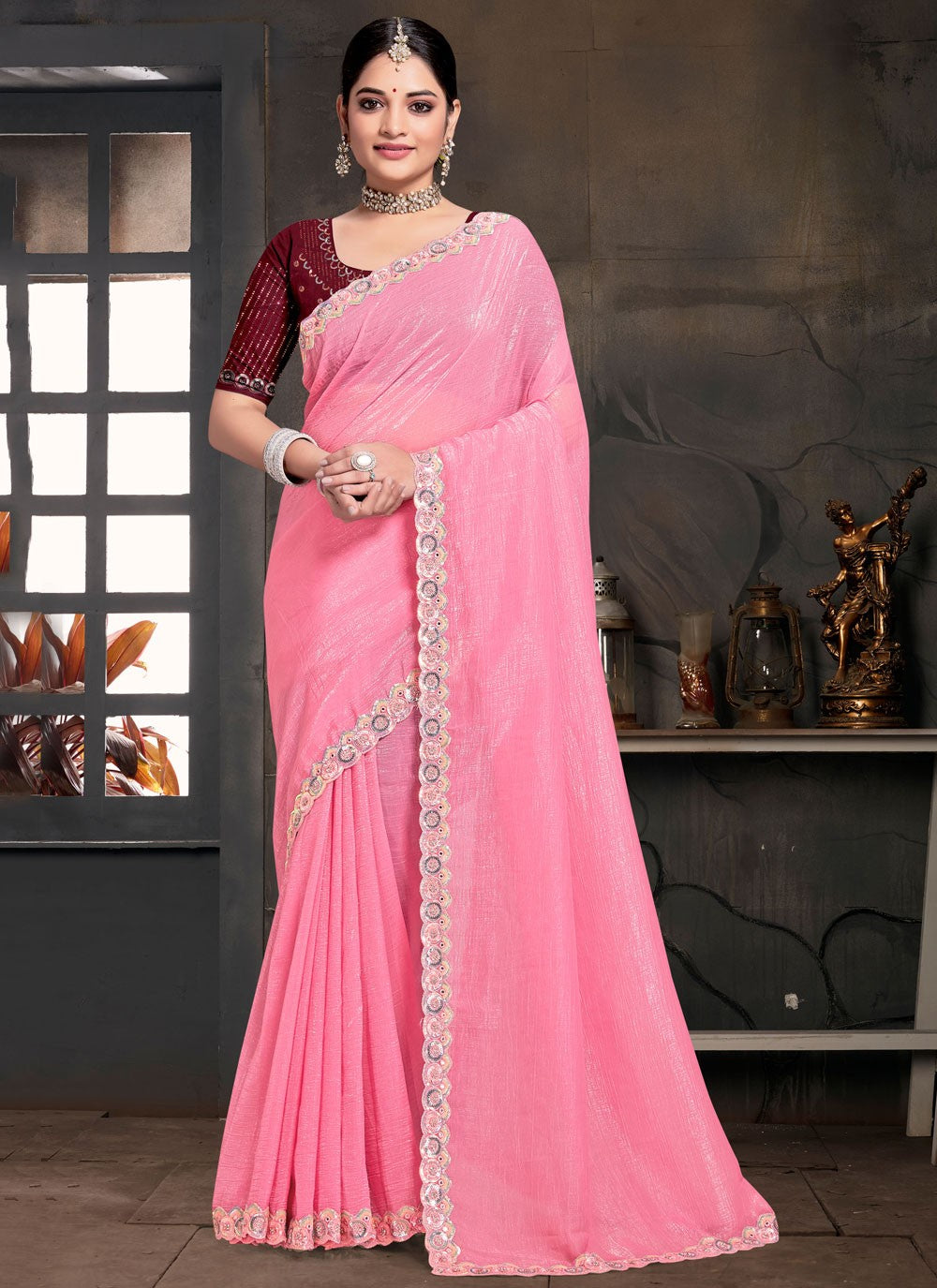 Trendy Saree Embroidered Hot Pink Silk Saree S13119