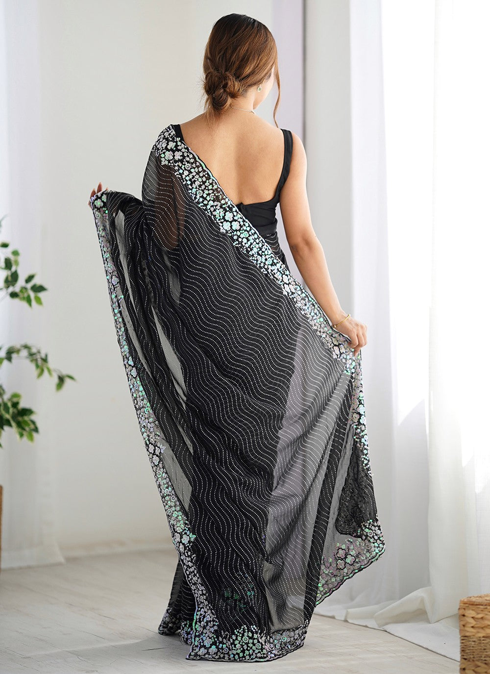 Black Georgette Trendy Saree Embroidered, Sequins S17028