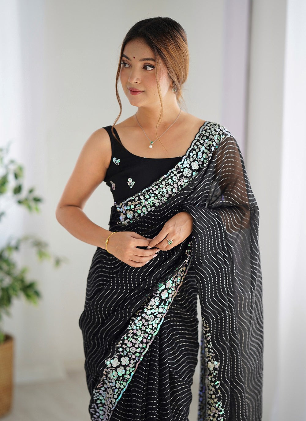 Black Georgette Trendy Saree Embroidered, Sequins S17028