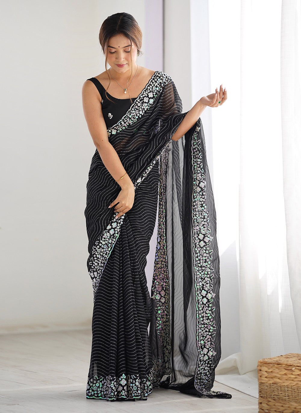 Black Georgette Trendy Saree Embroidered, Sequins S17028