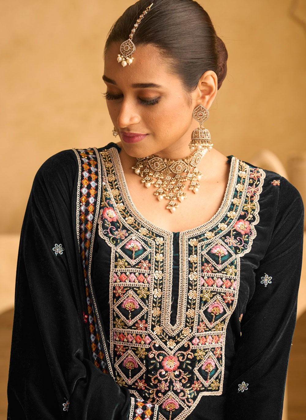 Palazzo Suit Beads, Embroidered, Sequins, Zari Black T7029