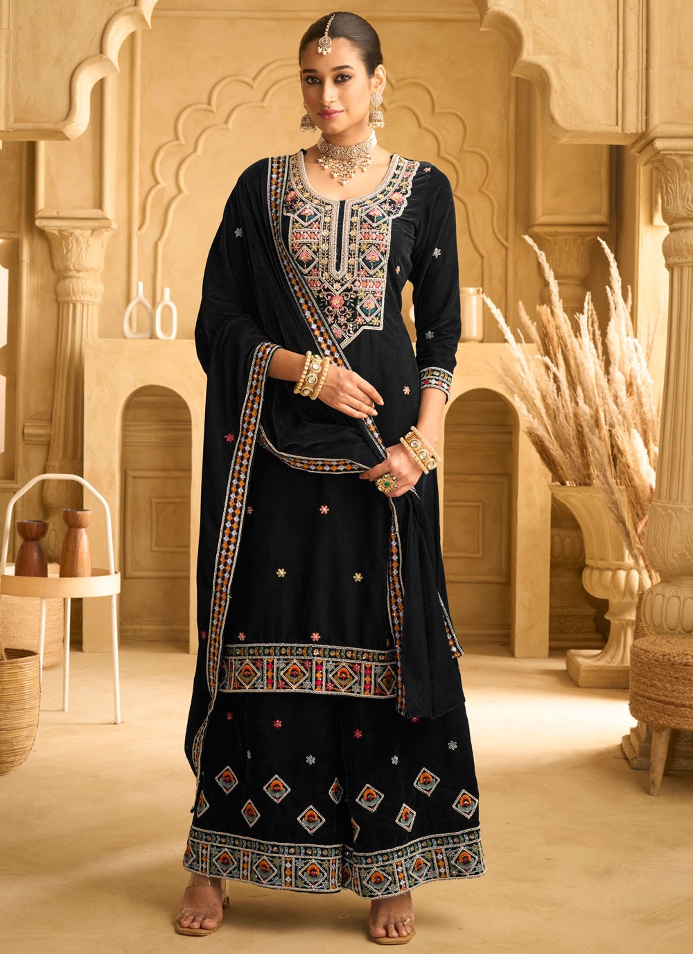 Palazzo Suit Beads, Embroidered, Sequins, Zari Black T7029