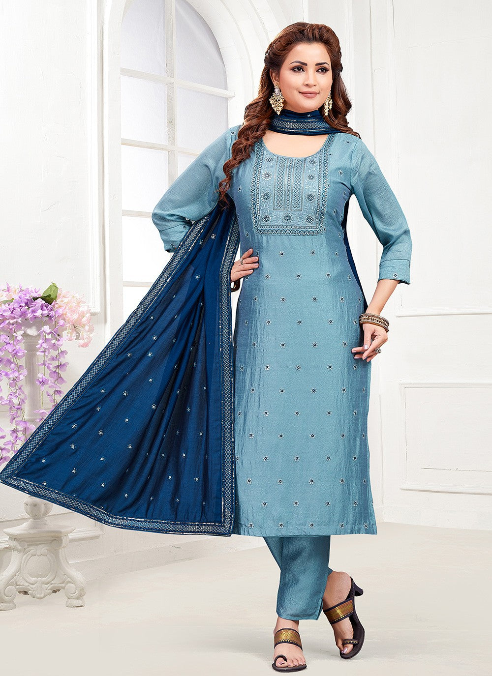 Pant Style Suit Sequins Teal T8007