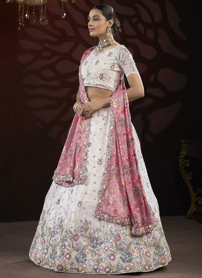 Embroidered Net White Lehenga - L3213