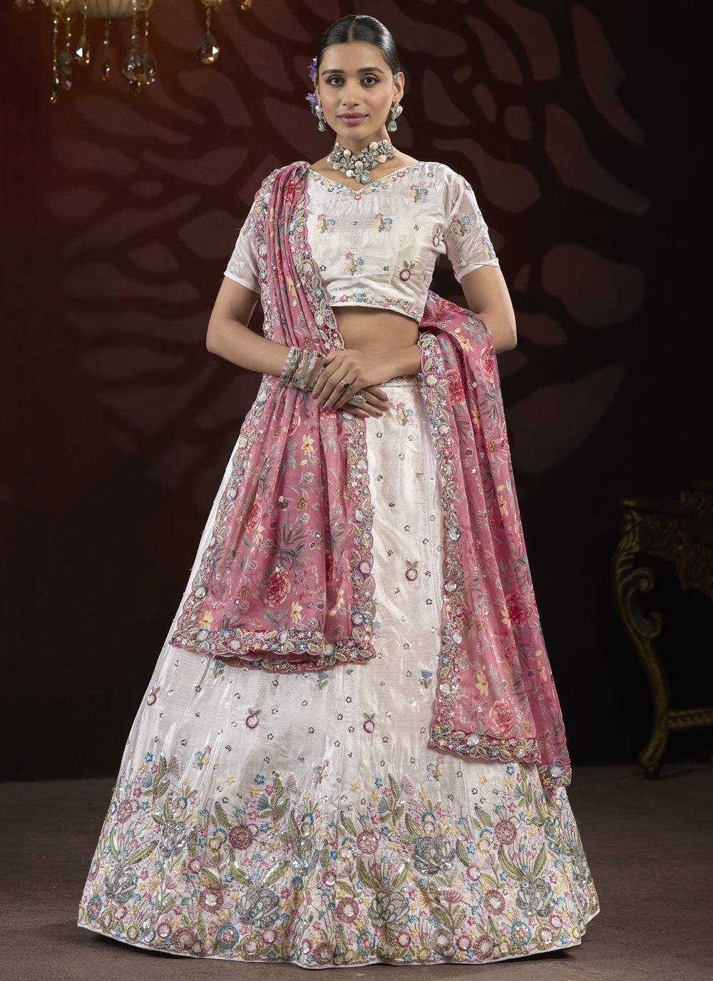 Embroidered Net White Lehenga - L3213