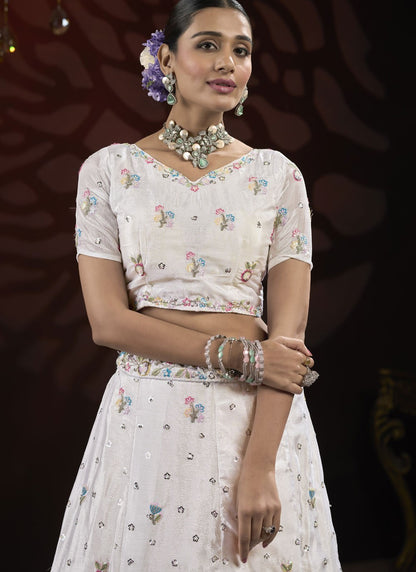Embroidered Net White Lehenga - L3213