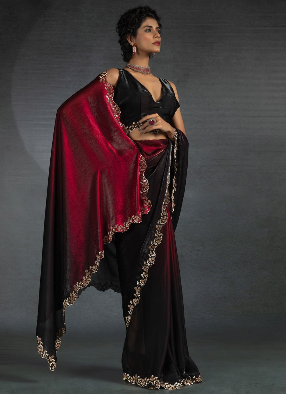 Border Work Satin Silk Hot Pink Saree S14819