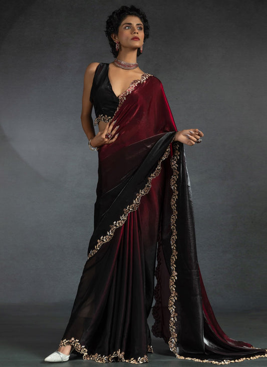 Border Work Satin Silk Hot Pink Saree S14819