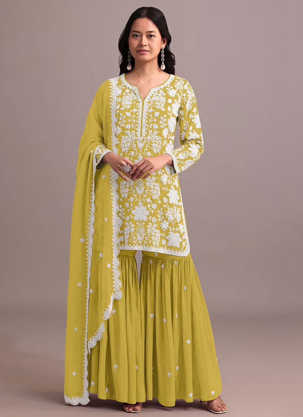 Sharara Suit Embroidered, Khatli Work, Thread Yellow T6733