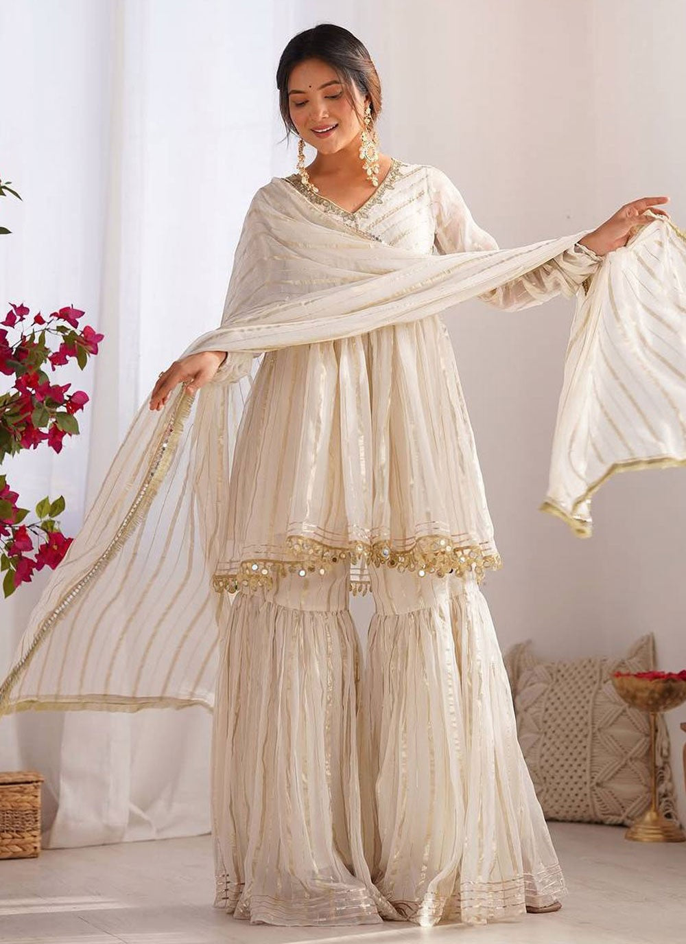 Sharara Suit Lace, Zari Off White T8304